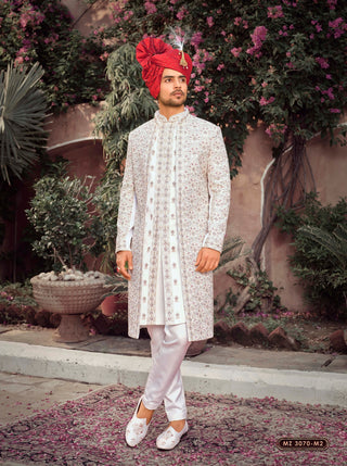 White Silk Zari Embroidered Regal Sherwani with Safa