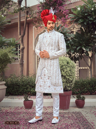 White Silk Zari Delight Sherwani with Turban