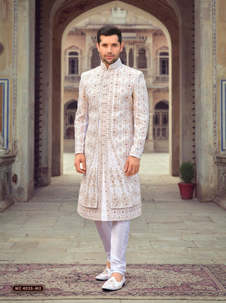 Regal Cream Resham Embroidered Silk Sherwani