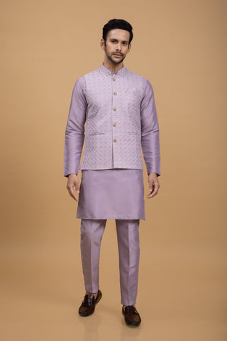 Lilac Silk Jacket kurta Pajama For Men For Wedding