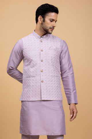 Purple Silk Jacket Kurta Set For Men For Wedding